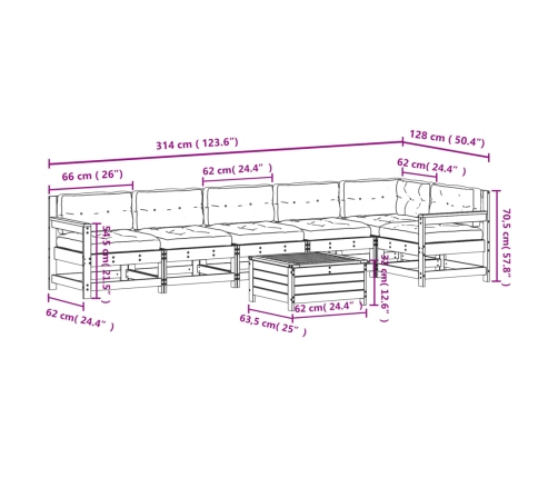 Juego de muebles de jardín 7 pzas y cojines madera maciza pino