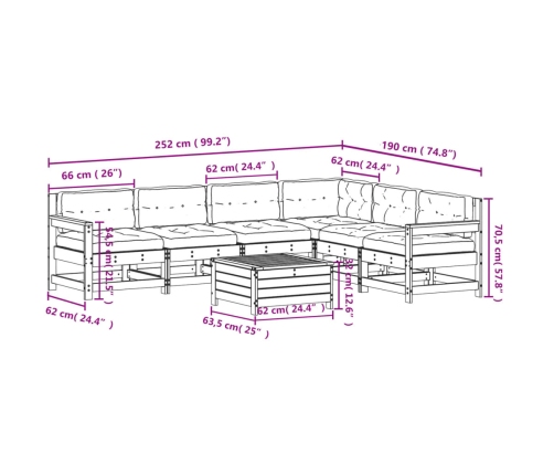Set muebles jardín 7 pzas con cojines madera maciza pino blanco