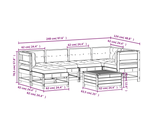 Juego de muebles jardín 7 pzas y cojines madera pino impregnada