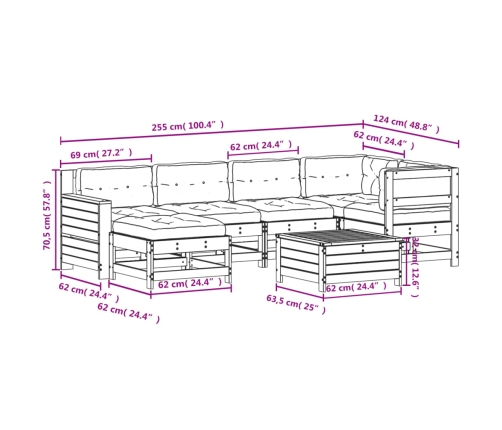 Juego de muebles jardín 7 pzas y cojines madera pino impregnada