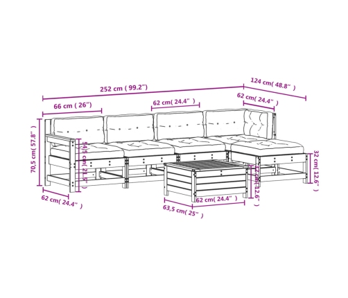 Set muebles jardín 6 pzas con cojines madera maciza pino blanco