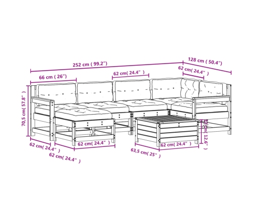 Juego de muebles jardín 7 pzas y cojines madera pino impregnada