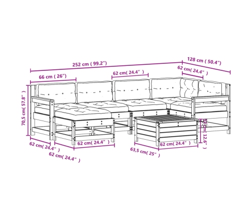Juego de muebles jardín 7 pzas y cojines madera pino impregnada