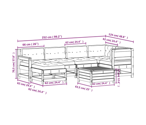 Set muebles jardín 7 pzas con cojines madera maciza pino blanco