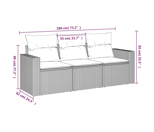 Set sofás de jardín 3 piezas y cojines ratán sintético marrón