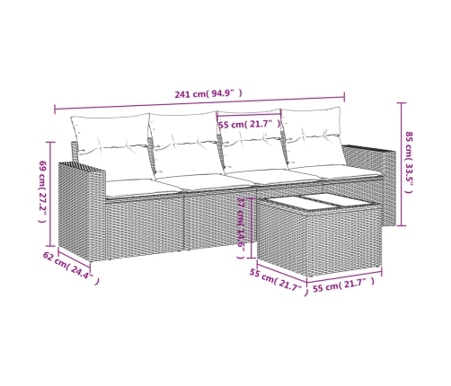 Set de muebles de jardín 5 pzas y cojines ratán sintético negro