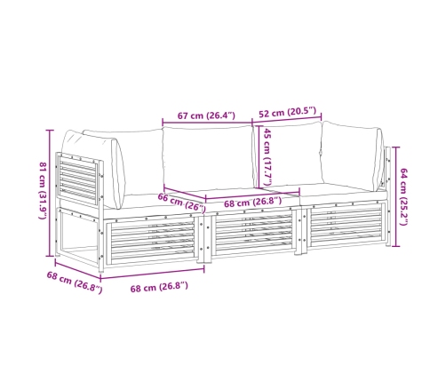 Set de sofás de jardín con cojines 3 pzas madera maciza acacia