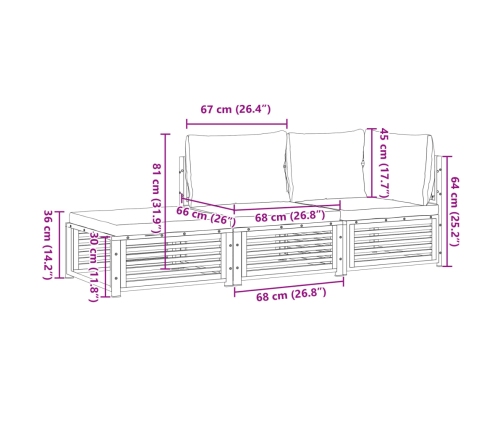 Set de sofás de jardín con cojines 3 pzas madera maciza acacia