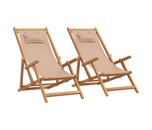 vidaXL Sillas de playa plegables 2 unidades tela y madera maciza taupe