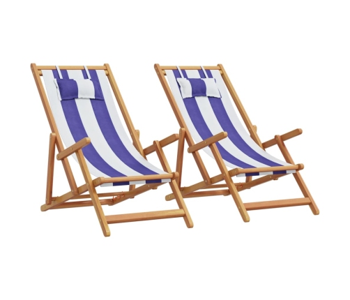 Sillas de playa plegables 2 uds tela madera maciza azul blanco