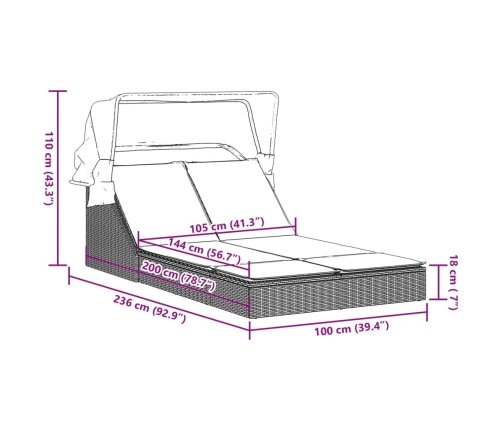 Tumbona doble con capota y cojines ratán sintético marrón