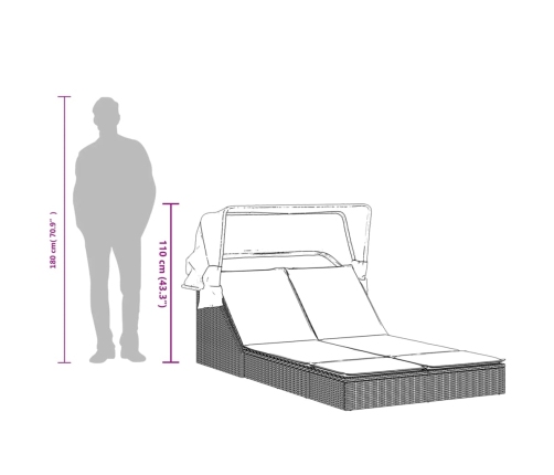 Tumbona doble con capota y cojines ratán sintético marrón