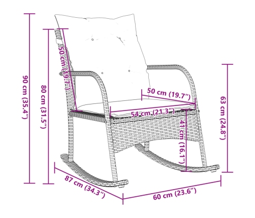 Silla mecedora de jardín con cojines ratán sintético marrón