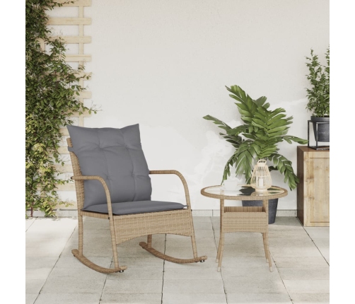 Silla mecedora de jardín con cojines ratán sintético beige