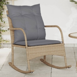 Silla mecedora de jardín con cojines ratán sintético beige