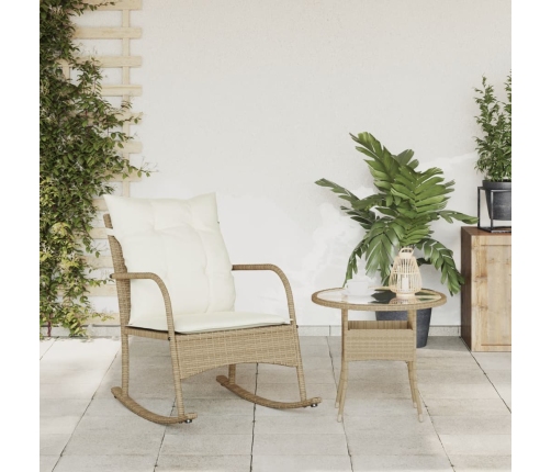 Silla mecedora de jardín con cojines ratán sintético beige