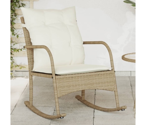 Silla mecedora de jardín con cojines ratán sintético beige