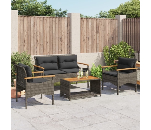 Set de sofás de jardín 4 pzas y cojines ratán sintético gris