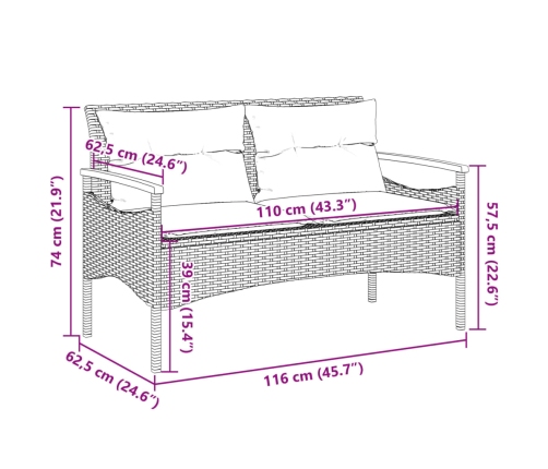 Banco de jardín y cojines ratán sintético beige 116x62,5x74 cm