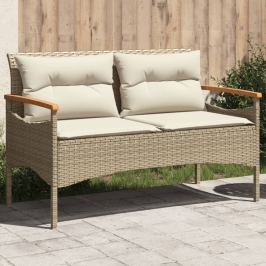 Banco de jardín y cojines ratán sintético beige 116x62,5x74 cm