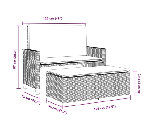 vidaXL Banco de jardín con cojines y reposapiés ratán sintético beige