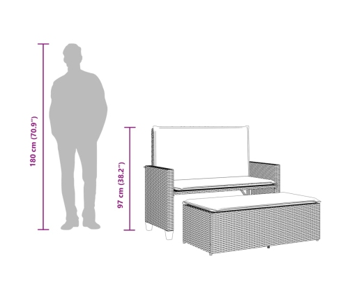 vidaXL Banco de jardín con cojines y reposapiés ratán sintético beige