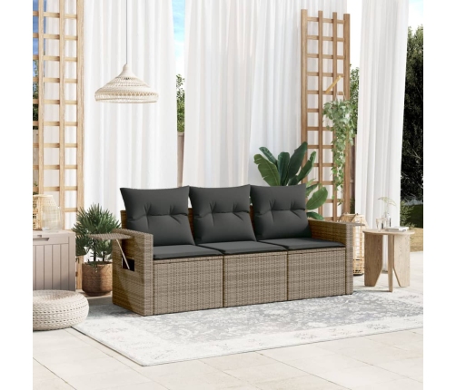 Set de sofá de jardín 3 pzas y cojines ratán sintético gris