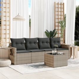 Set de sofás jardín y cojines 5 pzas ratán sintético gris claro