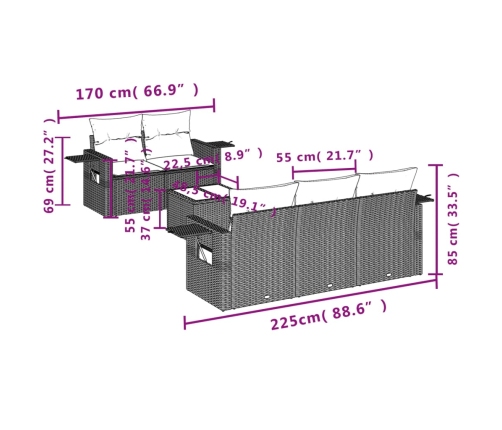 Set sofás de jardín 6 piezas y cojines ratán sintético marrón