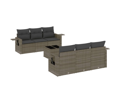 Set de sofás de jardín 7 piezas con cojines ratán PE gris