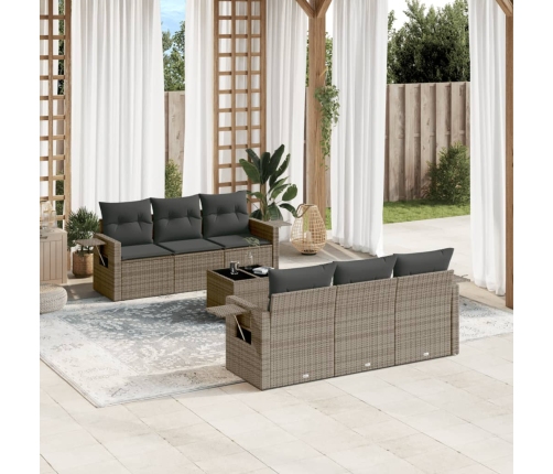 Set de sofás de jardín 7 piezas con cojines ratán PE gris