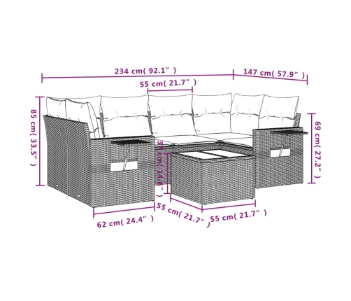Set de comedor de jardín 7 pzas y cojines ratán sintético negro