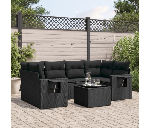 Set de comedor de jardín 7 pzas y cojines ratán sintético negro