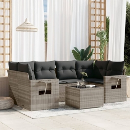 Set de sofás de jardín 7 pzas con cojines ratán PE gris claro