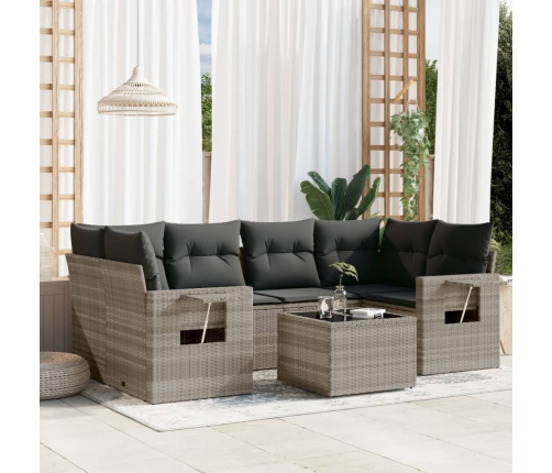 Set de sofás de jardín 7 pzas con cojines ratán PE gris claro