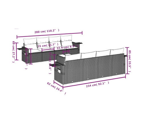 Set de sofás de jardín 9 pzas con cojines ratán sintético beige
