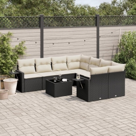 Set de sofás de jardín 8 piezas y cojines ratán sintético negro