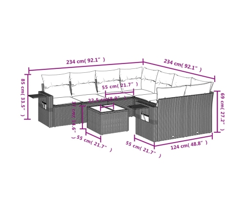 Set muebles jardín 9 pzas y cojines ratán sintético gris claro