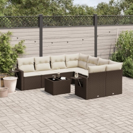 Set de sofás de jardín 9 pzas y cojines ratán sintético marrón