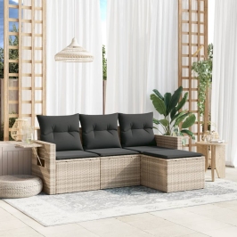 Set de sofás de jardín 4 pzas y cojines ratán sintético gris