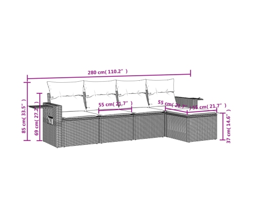 Set de muebles de jardín 5 pzas y cojines ratán sintético negro
