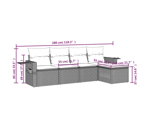 Set de muebles de jardín 5 pzas y cojines ratán sintético negro