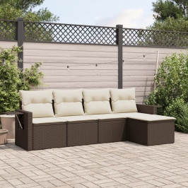 Set comedor de jardín 5 piezas y cojines ratán sintético marrón