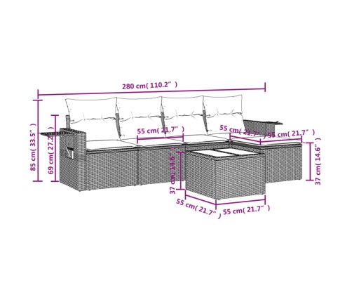 Set de muebles de jardín 6 pzas y cojines ratán sintético gris