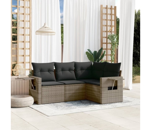 Set de sofás de jardín 4 pzas y cojines ratán sintético gris