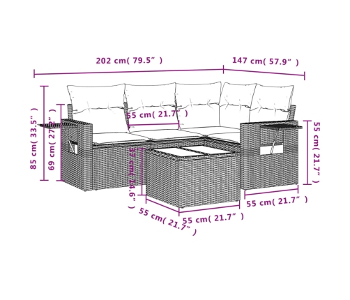 Set comedor de jardín 5 piezas y cojines ratán sintético marrón