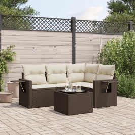 Set comedor de jardín 5 piezas y cojines ratán sintético marrón