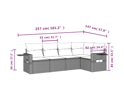 Set comedor de jardín 5 piezas y cojines ratán sintético marrón