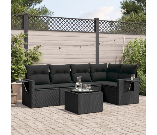 Set de sofás de jardín 6 piezas y cojines ratán sintético negro