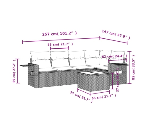 Set sofás de jardín 6 piezas y cojines ratán sintético marrón